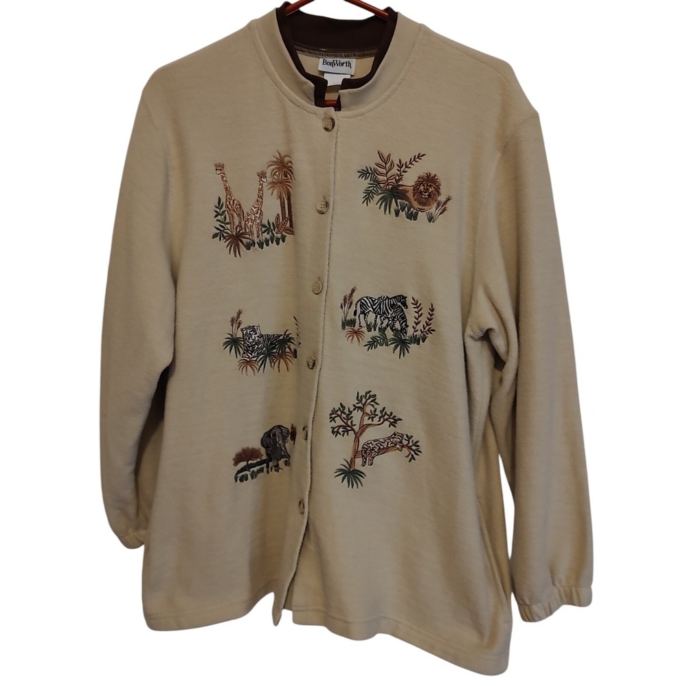 Bon Worth Tan Embroidered Wild Animals Long Sleeves Button Cardigan Size Large